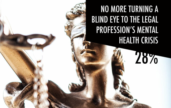 Image of a blind justice statue saying no more turning a blind eye to the legal profession's mental health crisis