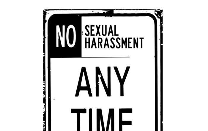 Cartoon of a street sign saying "No Sexual Harassment Any Time" (student's harassment suit frivolous)