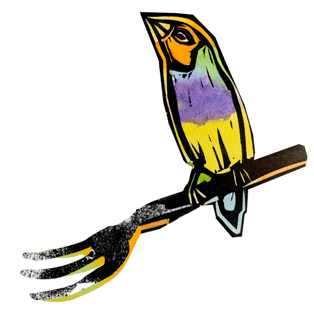 Sidewalk cafe illustration of a bird holding a fork